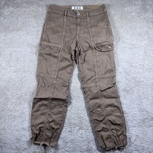 AMO Ellen Straight Cargo Utility Casual Pockets Green Sz 26 Raw Edge Linen